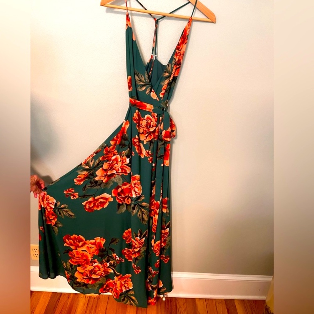 Lulu's Emerald Green Maxi Dress with Orange Floral Print